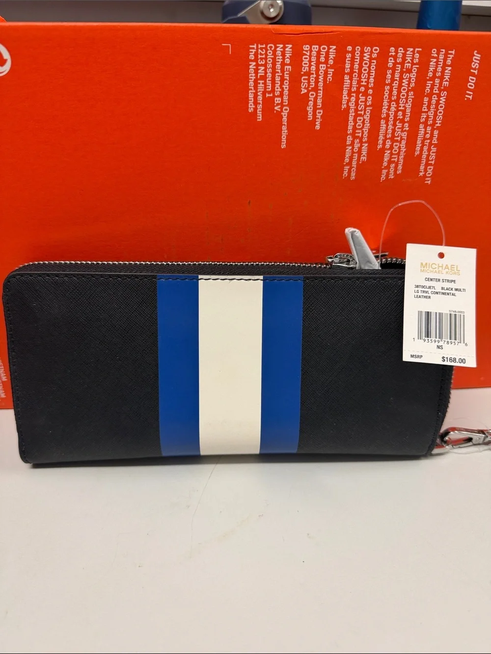 Michael Kors Black Wallet with Blue and White Center Stripe